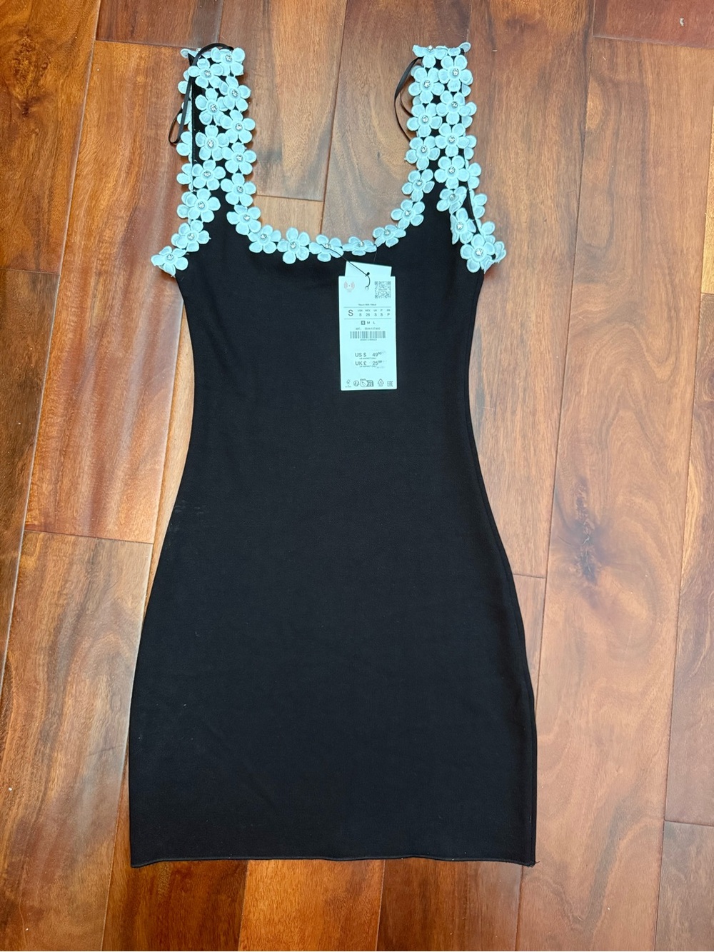 NWT Zara Black Mini Dress with White Floral Straps Size S